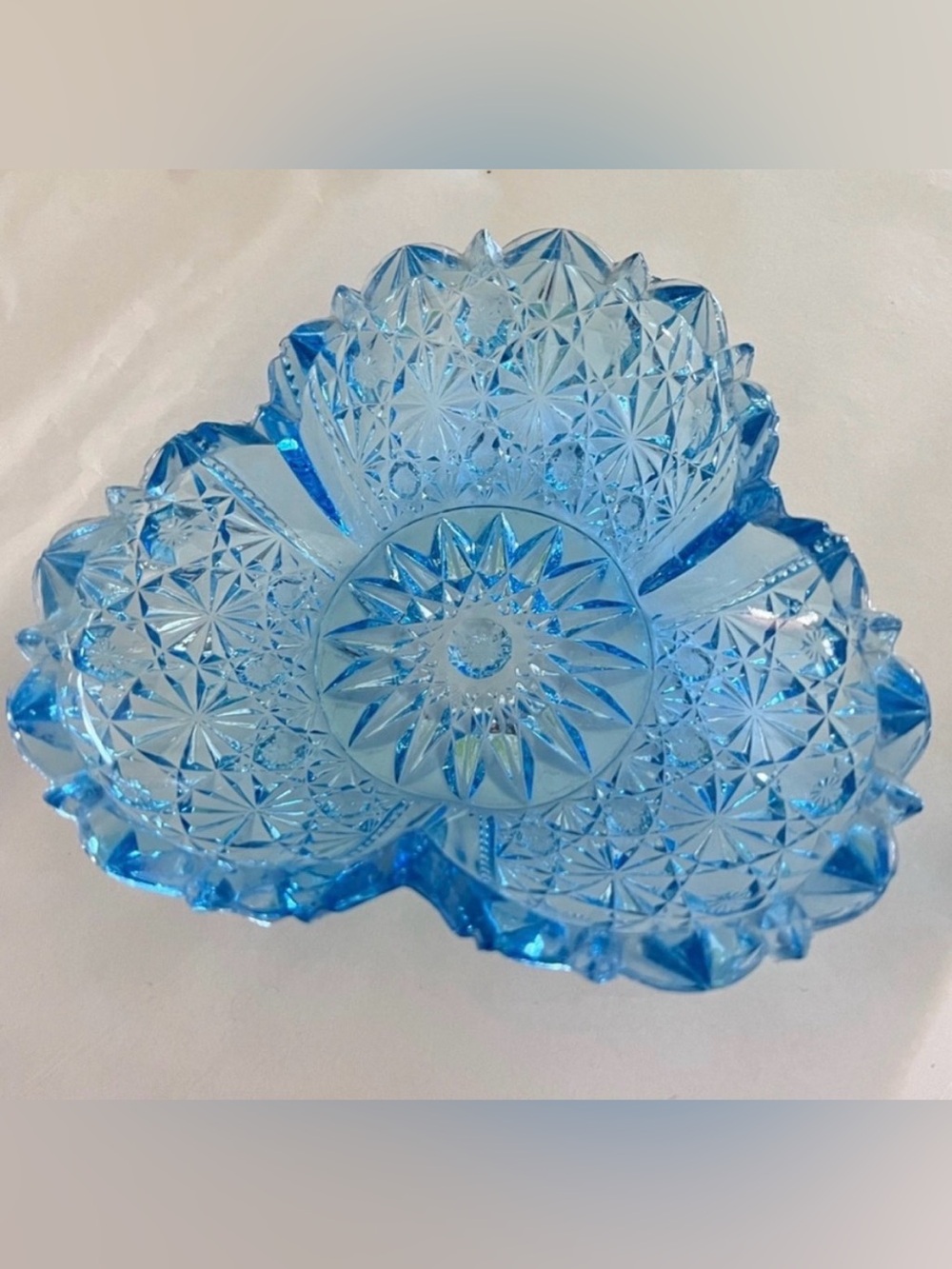 Imperial Glass Daisy &Button Cloverleaf Dish Ice Blue Pressed Glass Bowl Vintage
